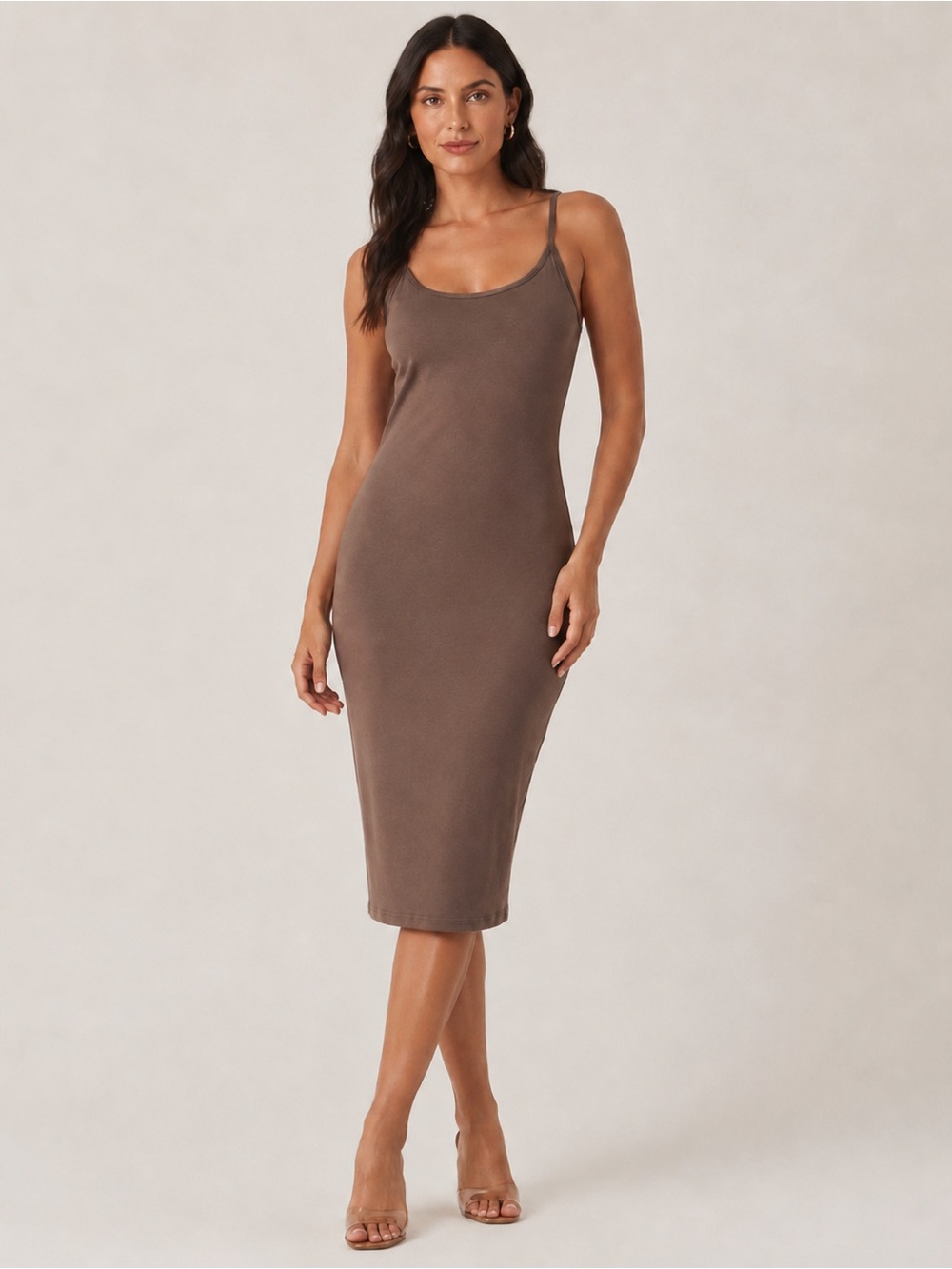 icon apparel brown cotton stretch midi dress size medium nwt